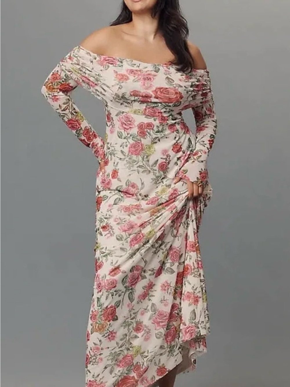 Anthropologie AFRM Off-Shoulder Rose-Print Pink Floral Spandex Maxi Dress
